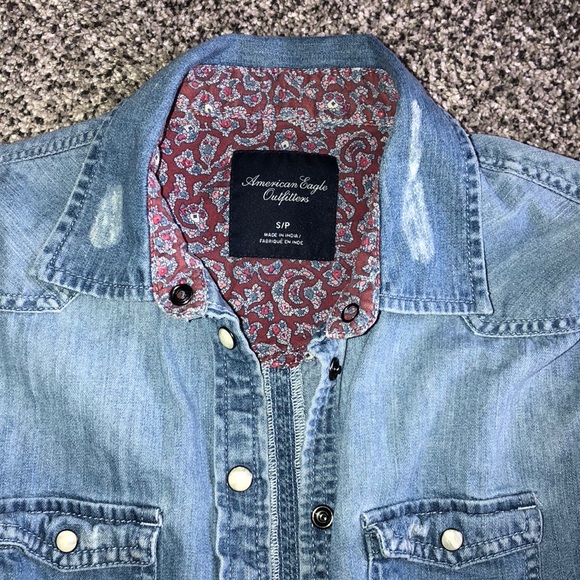 American Eagle Distressed Denim Button Down Shirt - Picture 2 of 3